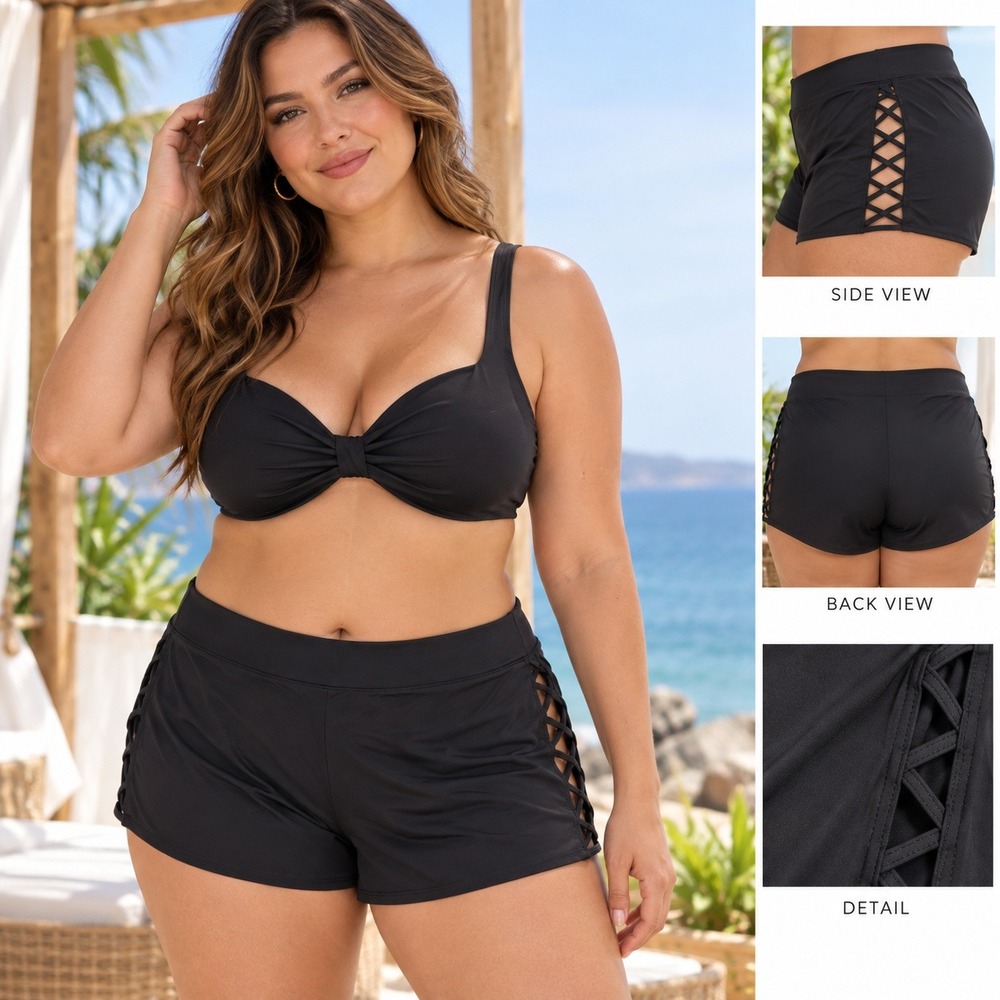 NWT Torrid Swim Shorts Womens 4 Black Active High Rise Strappy Side Coast Resort